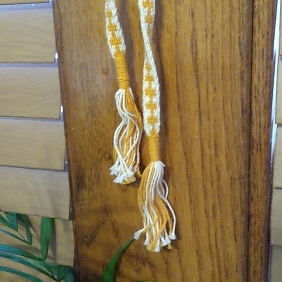 Hand Woven 40in. Geometric Golden Yellow and White Tasseled Tablet Weaving - Picture 2 of 5